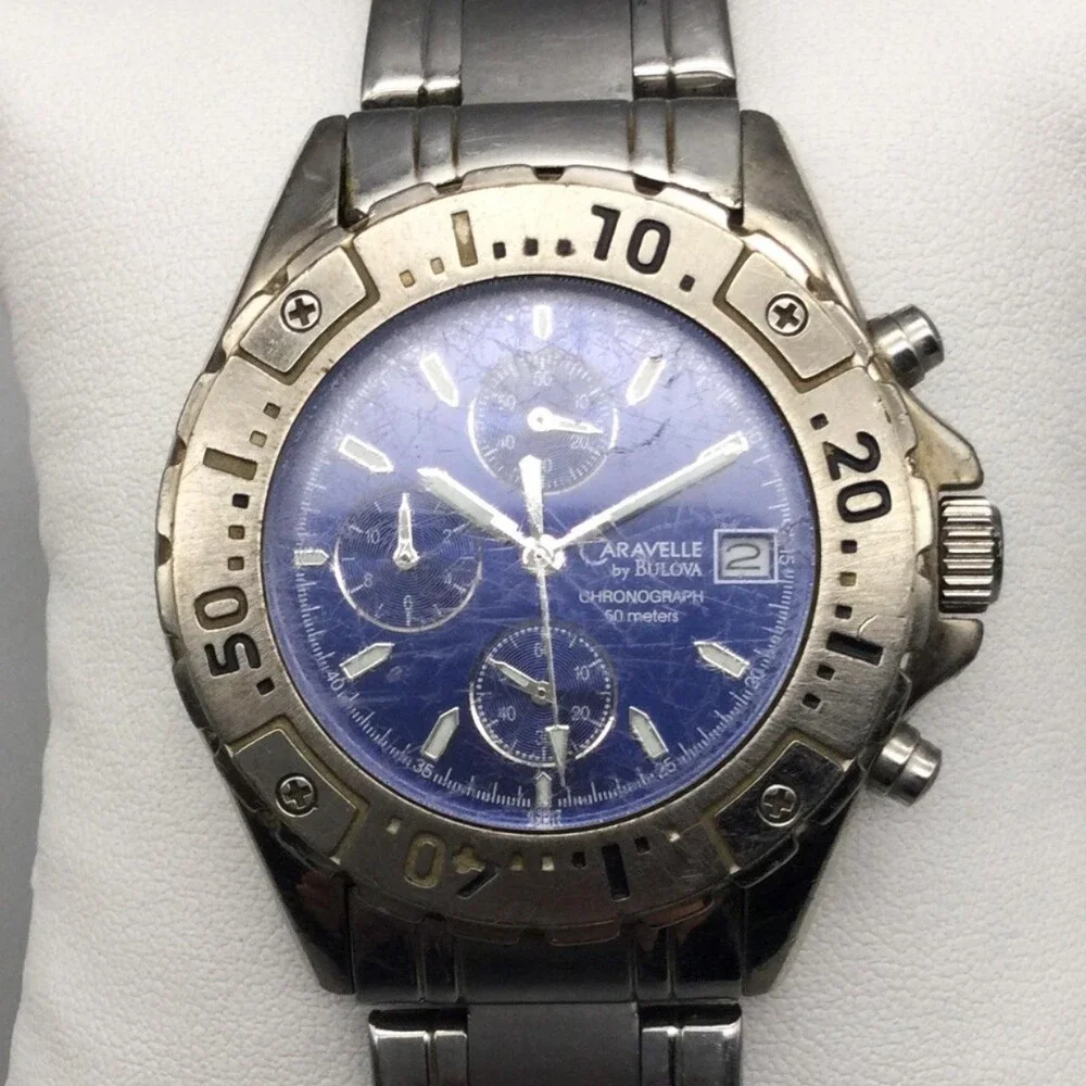 Caravelle By Bulova Mens Watch 39mm Blue Dial Chronograph New Battery 8.25